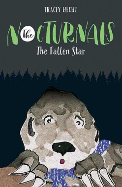 The Ebook cover of the third book, The Fallen Star, is gray with black tree silhouettes in the background. Tobin, a pangolin, is on the front with his folded claws showing beneath his face.  